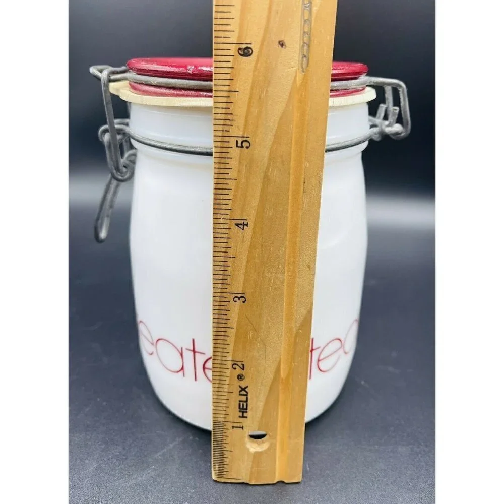 Vintage Wheaton Milk Glass Tea Canister Kitchen Storage White Red Bail Lid 5.75”
